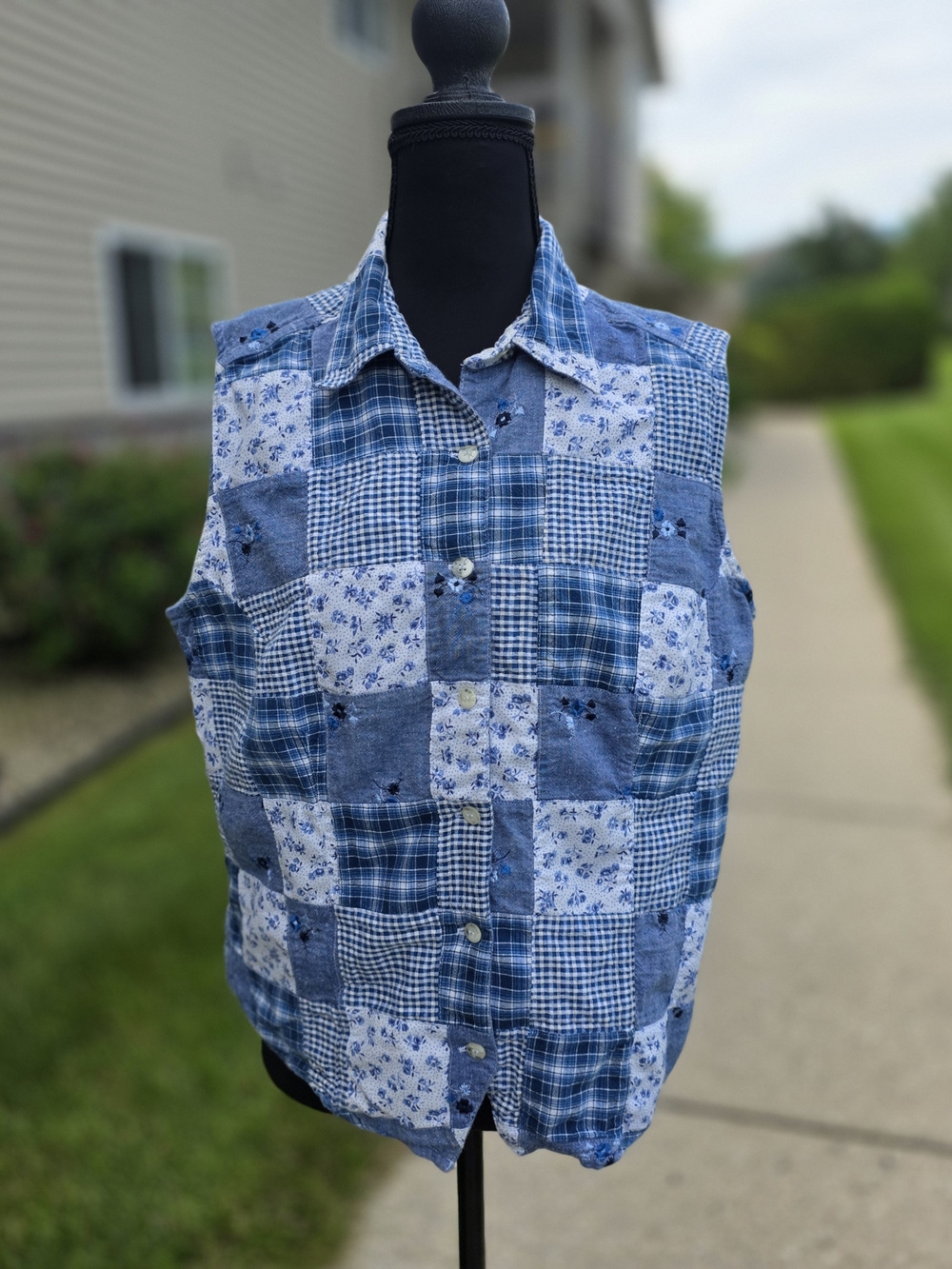 St John’s Bay Blue Patchwork Embroidered Cotton Vest L